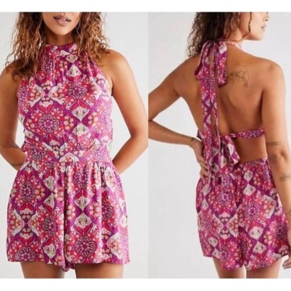 Free People! Coral Tides Halter Romper In Hollyhock Combo NWOT!